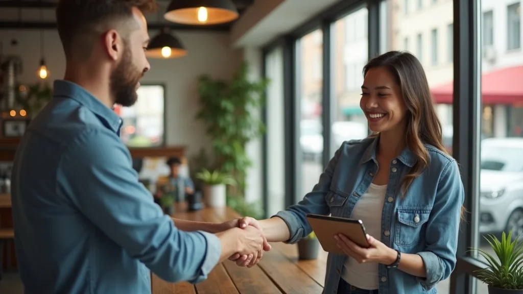 Satisfied business customer booking an appointment with a small business owner via ai marketing automation on a tablet