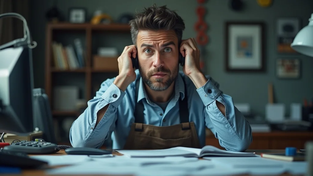 Frustrated service contractor in a cluttered office dealing with ringing phone and paperwork, representing challenges before adopting AI chatbots for service contractors