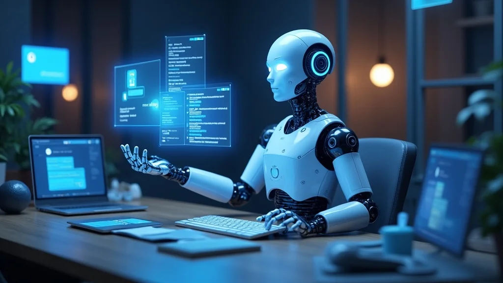 Omnichannel AI chatbot concept: digital avatar engaging on website, Facebook Messenger, Instagram, Google messages via multiple screens, photorealistic, bright workspace