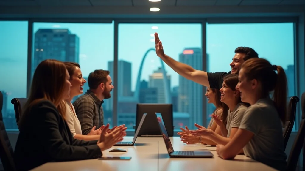 Digital lead nurturing success celebration by St Louis small business team in modern conference room