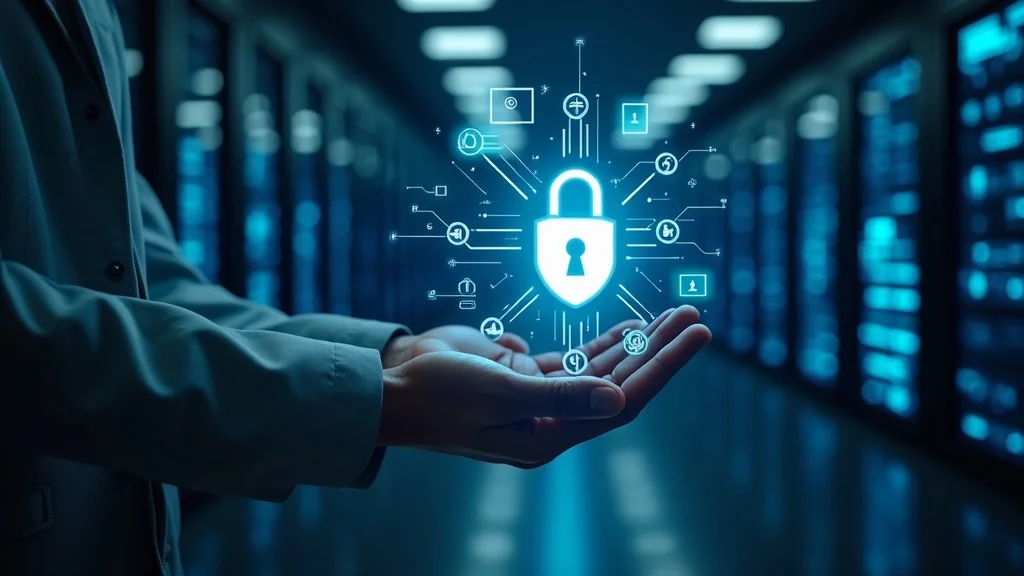 Secure AI chatbot architecture: encrypted server room, shielded data lines, metallic blue, photorealistic