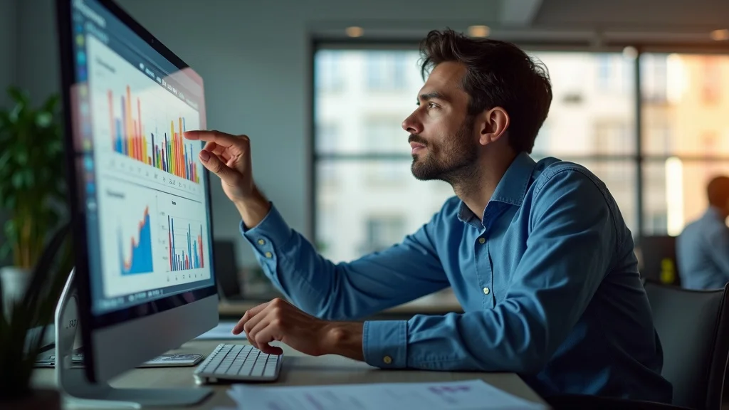 Business owner analyzing service contractor AI chatbot dashboard for customer service and response time metrics