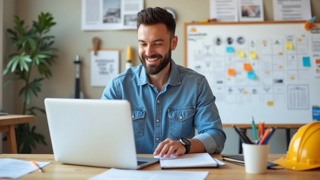 Contractor creating content calendar for short-form video marketing with blog post planning and idea mapping on a whiteboard