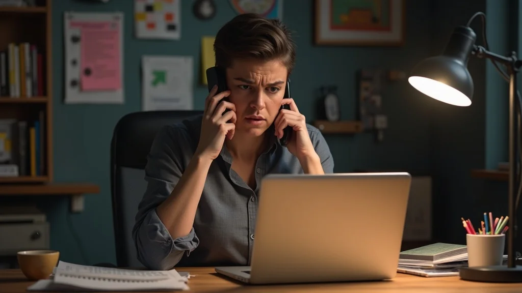 Short-Form Video Marketing St. Louis - Worried small business owner multitasking with marketing tools