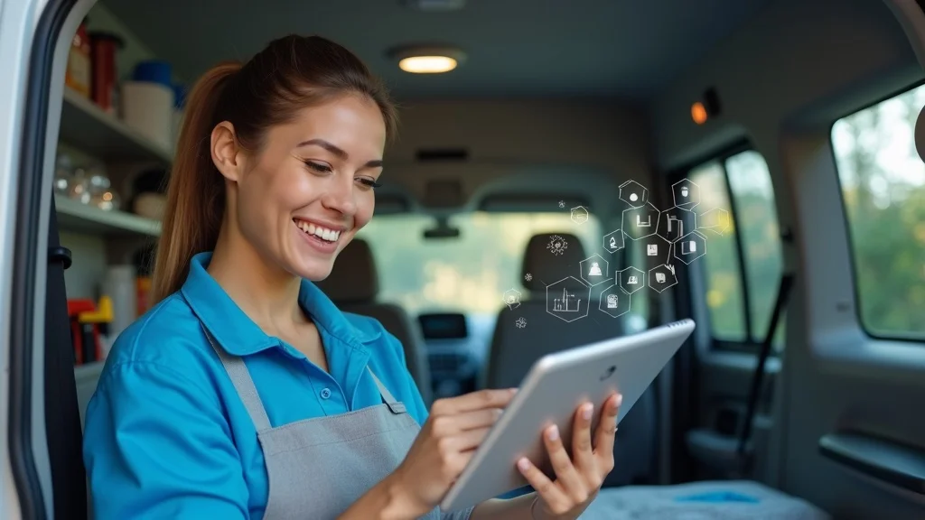 Cleaning professional reviewing digitally pre-qualified leads for cleaning services on a tablet using AI chatbot system
