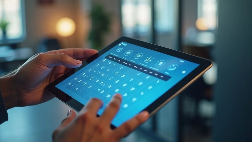 Cleaning business owner using digital scheduling interface on tablet, showcasing integrated appointment booking with AI chatbots for cleaning services