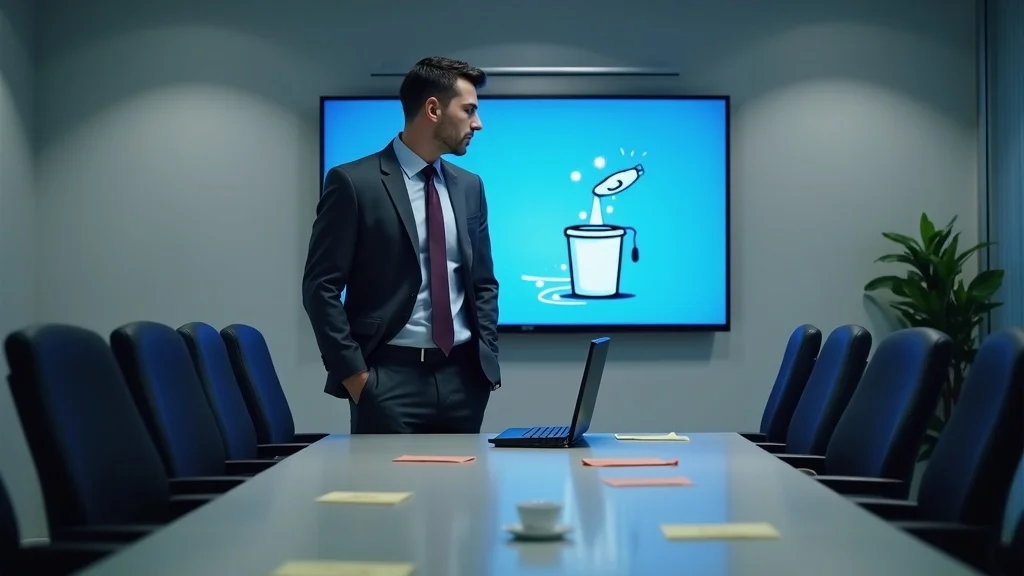 St. Louis businessperson reviewing a leaky bucket diagram on screen, symbolizing lost leads for local businesses. Workplace details, realistic lighting.