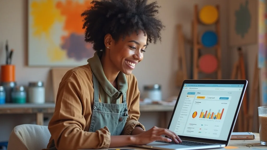 Satisfied painting business owner in Albuquerque checking AI chatbot analytics dashboard showing faster lead response