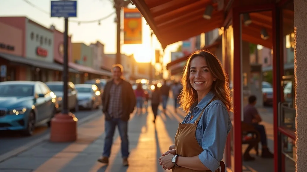 Local business storefronts in Albuquerque with owners and staff interacting warmly, representing successful customer reactivation campaigns in Albuquerque