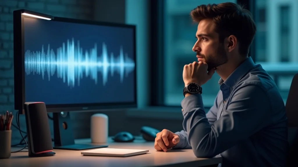 Businessperson in St. Louis evaluating the quality of AI Voice Response Systems with a smart speaker and soundwave display, assessing natural language and instant response capabilities.