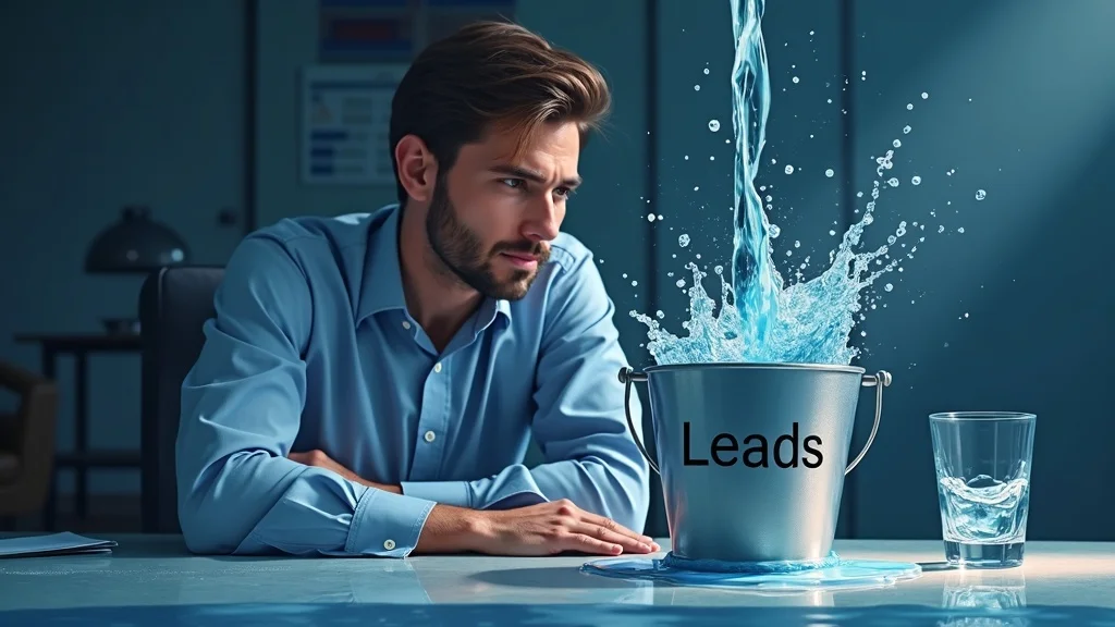 Leaky bucket labeled 'Leads' — lost opportunities in cleaning companies due to slow response - AI voice response