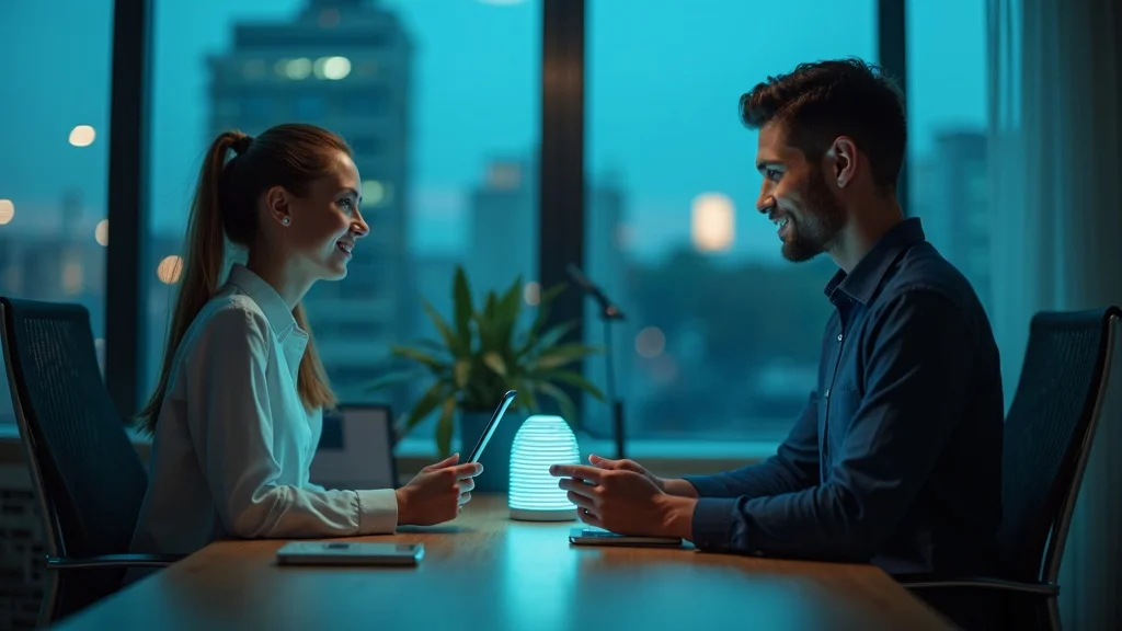 St. Louis business owner using AI Voice Response System, interacting with a smart speaker, modern office setting, with notifications representing instant AI response.