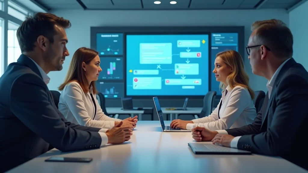 Cleaning business team learning AI chatbot deployment in team training session with digital tools and cleaning equipment