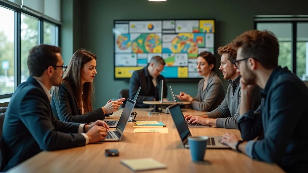 Diverse St. Louis tech team collaboratively planning custom AI chatbot systems in a modern co-working space. Digital screens and natural daylight.