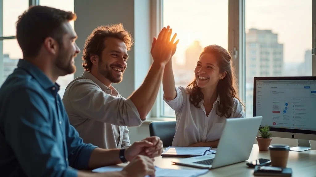 Short-Form Video Marketing St. Louis - Small business team celebrating increased booked jobs in a St. Louis office