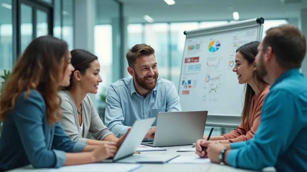 Engaging business meeting strategizing customer reactivation campaigns strategies with diverse professionals, collaborative atmosphere, customer list review, photorealistic modern office