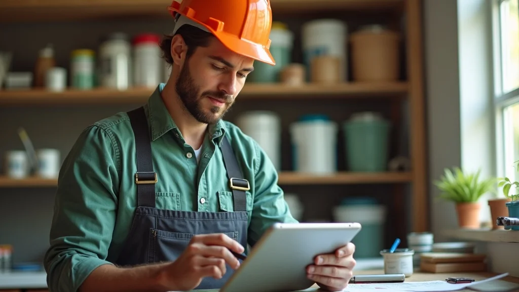 AI chatbots for painting businesses: Painting contractor updates job calendar on a digital tablet, reminders and schedule interface visible