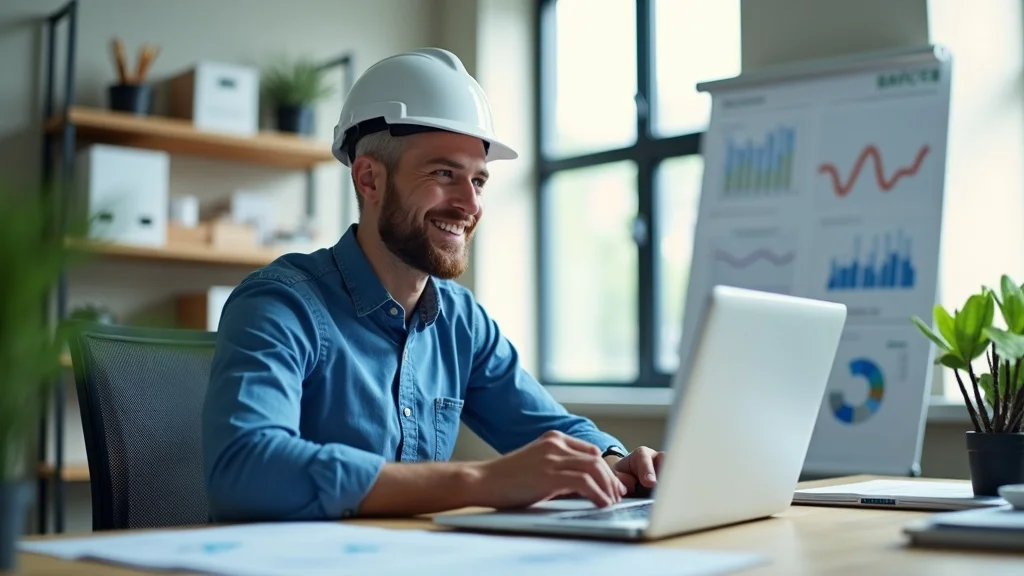 Happy contractor reviewing performance charts from AI Voice Response Systems, seeing booked jobs increase. Performance analytics in a contractor office.