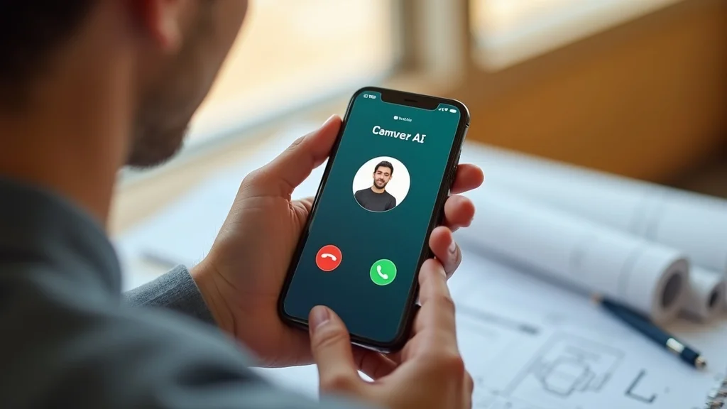 Contractor using AI voice agent on smartphone to rapidly answer calls and schedule appointments. Photorealistic workspace. AI Voice Response Systems for Contractors.