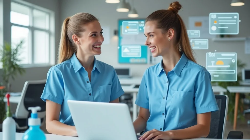 Professional cleaning team answering customer queries with AI chatbots for cleaning businesses in modern office setting