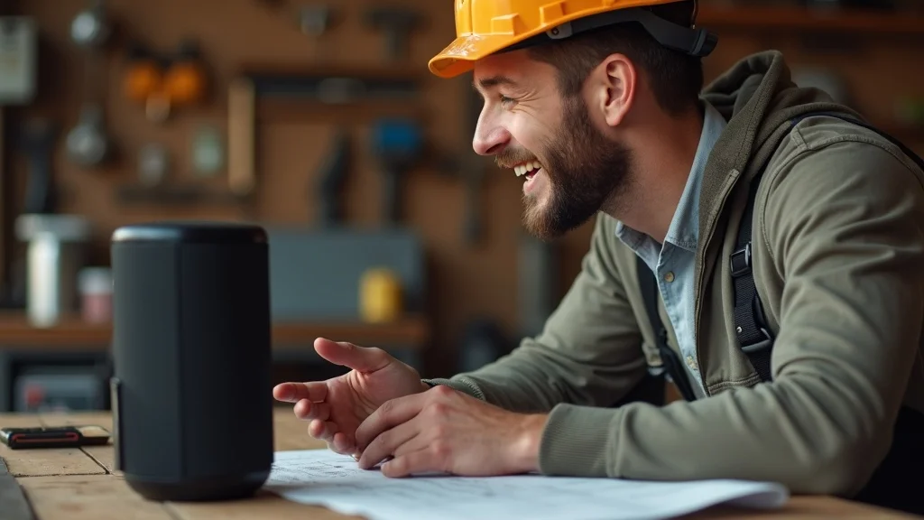 Contractor using smart speaker AI to answer contractor calls, smiling with tools and plans visible. AI Voice Response Systems for Contractors in action.