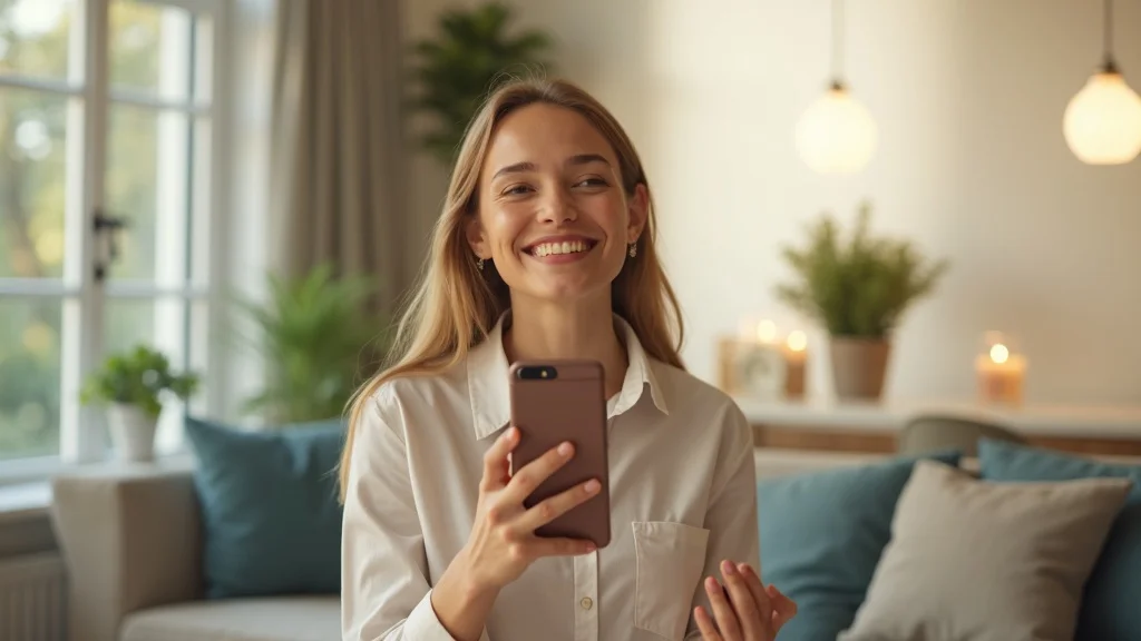 Happy customer giving 5-star review via AI chatbot on smartphone after positive cleaning services experience