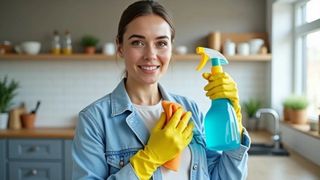 Professional cleaner recording a cleaning tip tutorial video for social media; shows practical steps using real supplies, perfect for short-form video marketing for cleaning businesses.