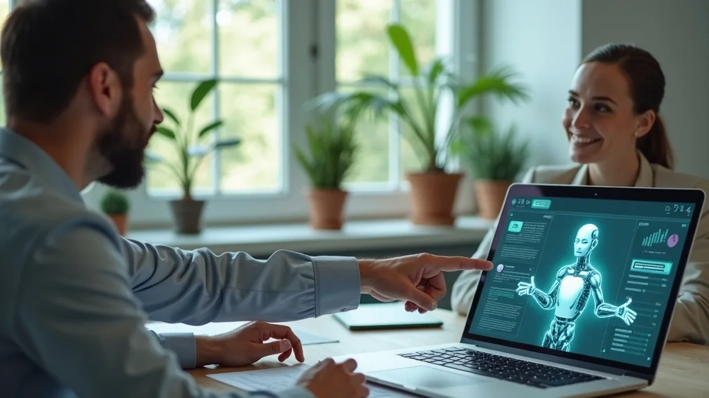 Modern marketing consultant demonstrating AI chatbot analytics to a business owner, illustrating the benefits of marketing strategy consultants using advanced AI tools