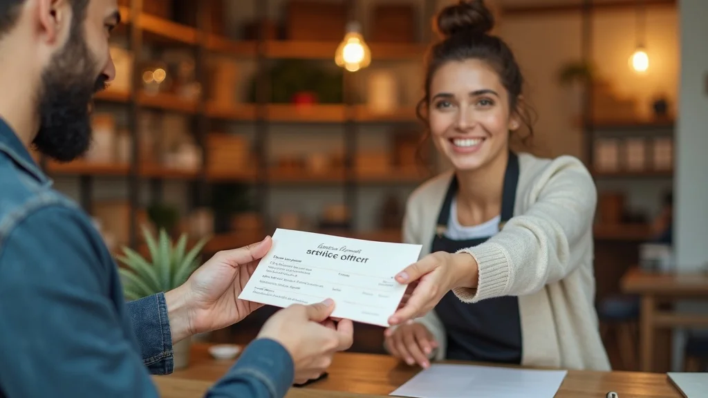 Welcoming service business owner, smiling, hands personalized customer reactivation campaign envelope to returning customer in cozy storefront, photorealistic