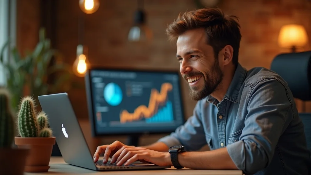 Albuquerque business owner delighted with short-form video marketing campaign results, reviewing analytics in stylish office