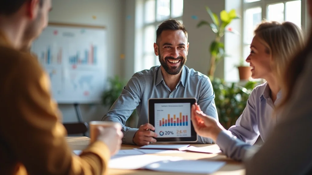 Contractor team celebrating video marketing success with performance charts, team discussion and clear growth metrics