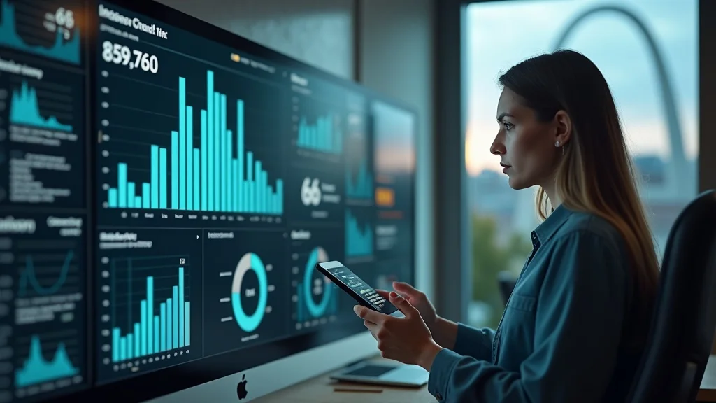 AI chatbot dashboard in a St. Louis office with Gateway Arch in background. Business owner checks real-time ROI and lead stats on tablet. Navy, teal, and light gray workplace palette.