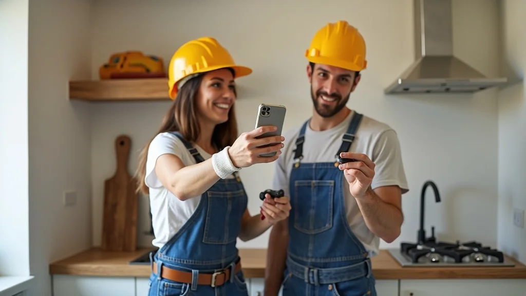Contractor team filming high-converting short-form before-and-after video using smartphones in a remodeled kitchen