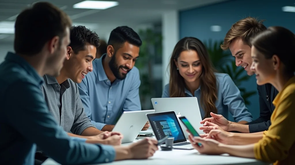 Diverse team coordinating multi-channel customer outreach for Customer Reactivation Campaigns for Cleaning Services; realistic workspace, laptops, and smartphones