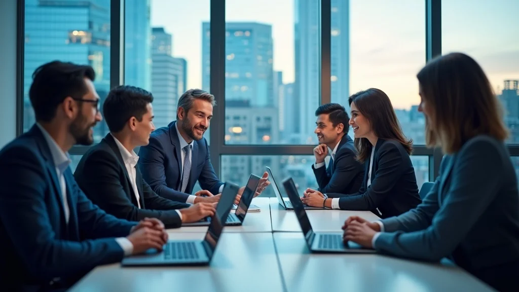 Dynamic St. Louis business team discussing AI Voice Response Systems in a modern office, with digital displays showing AI voicewave graphics, St. Louis skyline in the background.