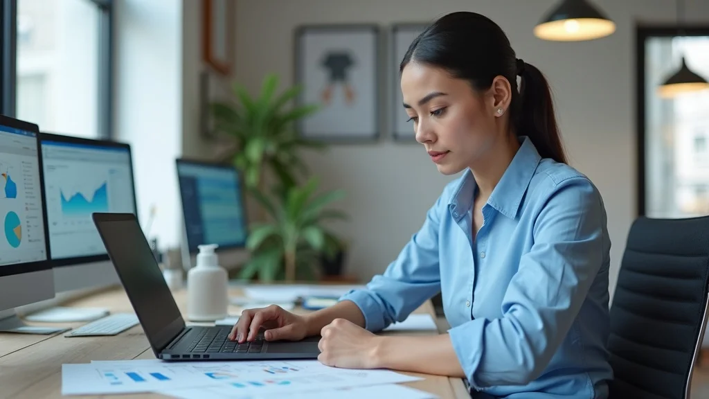 Professional cleaning business owner reviewing customer data on a laptop to plan Customer Reactivation Campaigns for Cleaning Services; photorealistic, modern office, high realism