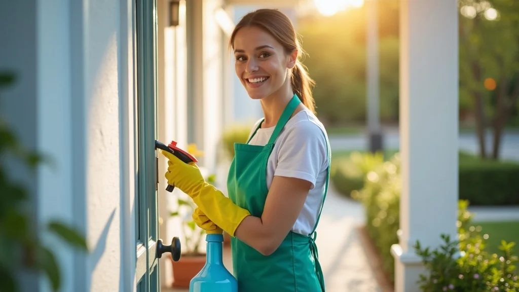 Friendly cleaning professional reengaging a customer on their doorstep as part of a Customer Reactivation Campaign for Cleaning Services, crisp, welcoming scene