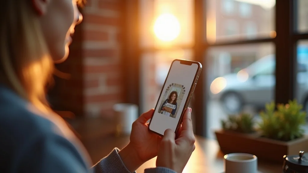 Close-up of an AI chatbot on a smartphone in a classic St. Louis coffee shop, inviting interface, cozy local vibe.