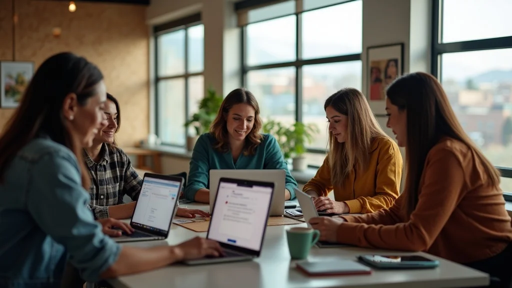 Energetic team of Albuquerque small business owners collaborating with AI chatbots in a modern office workspace