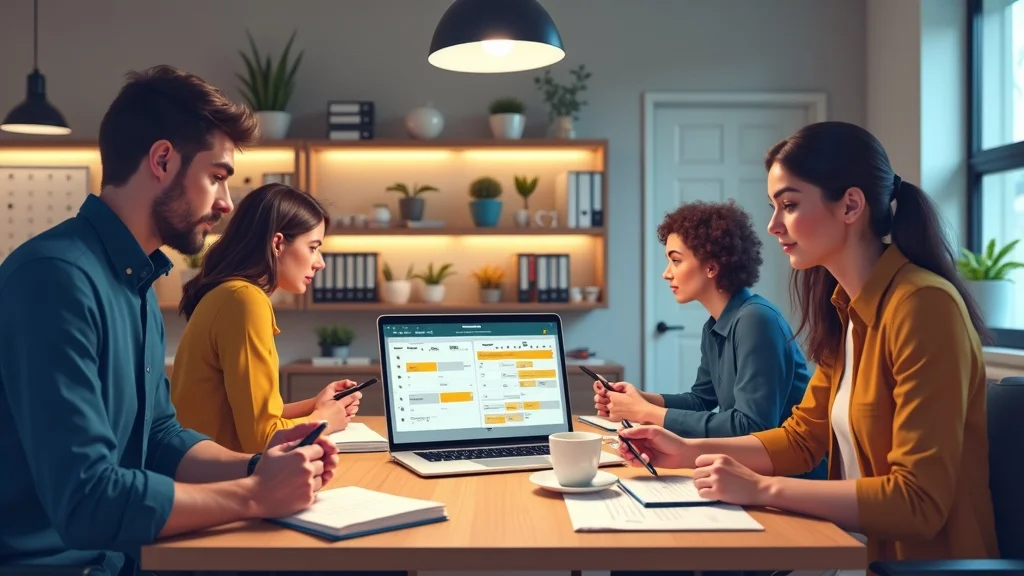 Local business team using a modern workflow to plan short-form video marketing strategies, reviewing a content calendar together in a sleek small office