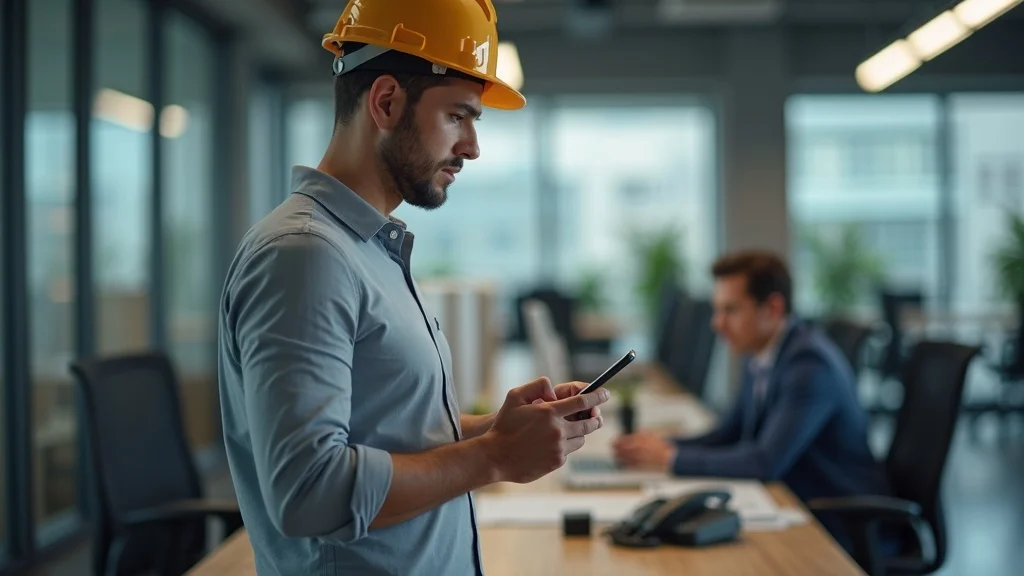 Worried contractor glancing at a missed call notification, concerned about missed calls and lost jobs. AI Voice Response Systems for Contractors solution. Photorealistic office scene.
