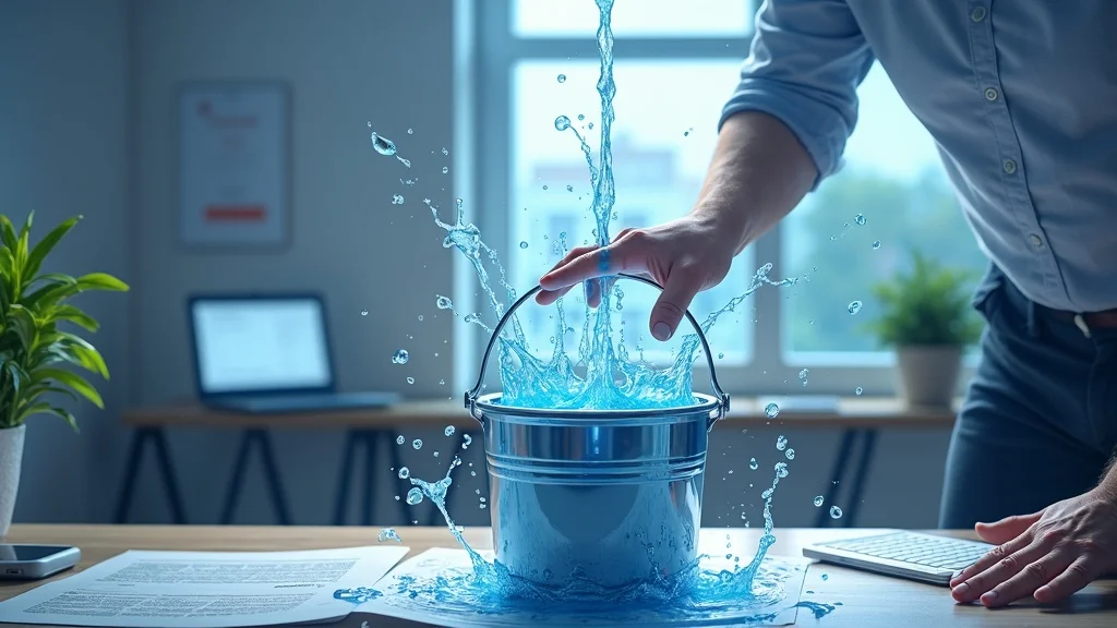 Conceptual leaky bucket illustrating business lost opportunities as a St. Louis owner observes leads (water) leaking away, symbolizing missed connections, with ringing phone and digital notifications.