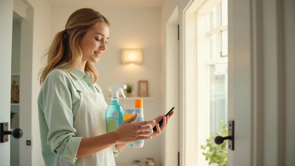 Cleaning business rep using hands-free AI voice assistant for customer call scheduling