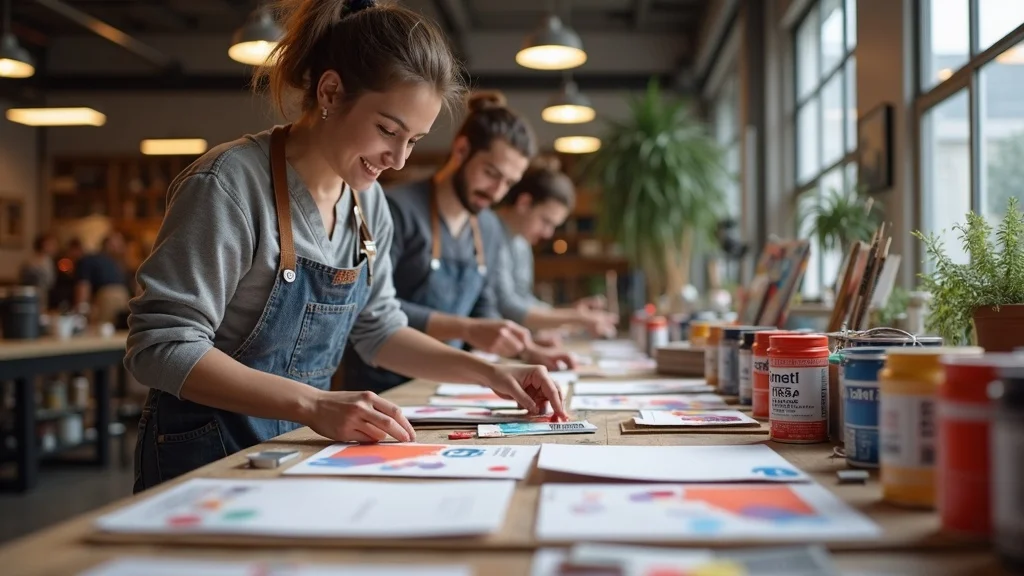 Local painters team preparing direct mail for customer reactivation, branded envelopes, energetic artist studio, photorealistic paint supplies, workflow detail