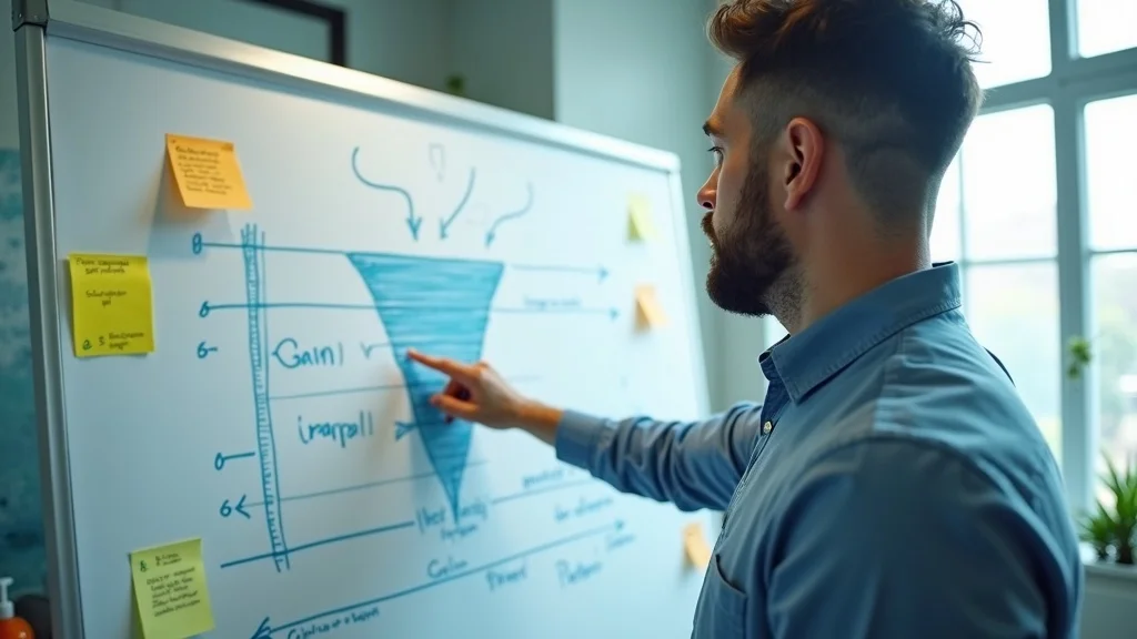 Insightful cleaning business owner analyzing marketing funnel diagram, pointing to leaking points while reviewing cleaning business short-form video marketing strategy, in a photorealistic modern office with cleaning supplies.