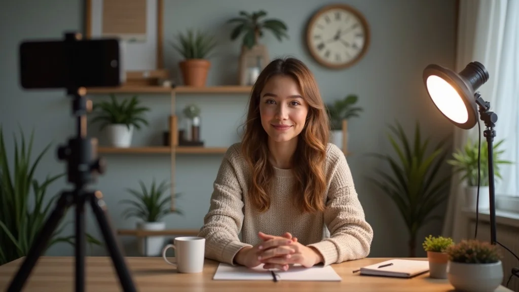 Local service business owner confidently records a short-form video at a tidy home office desk, showing setup for consistent video marketing systems