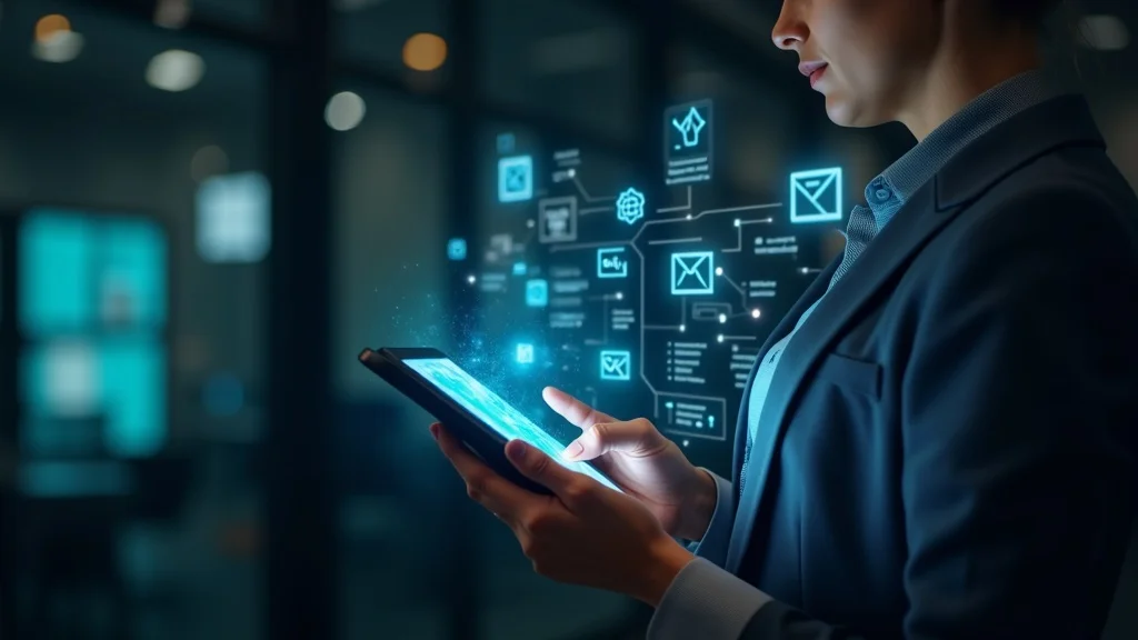 Modern digital marketing workflow for St. Louis marketing agency. Marketer using tablet and smartphone to execute omnichannel reactivation campaign with email, SMS, and social media.