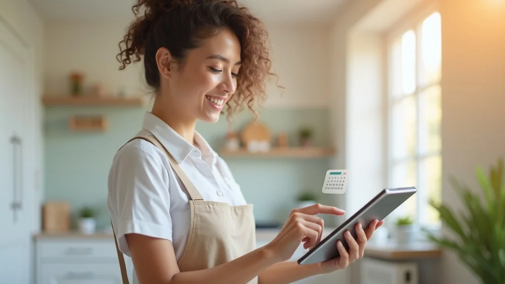Smiling cleaning professional using a tablet to schedule appointments for Customer Reactivation Campaigns for Cleaning Services; clean home interior, digital interface