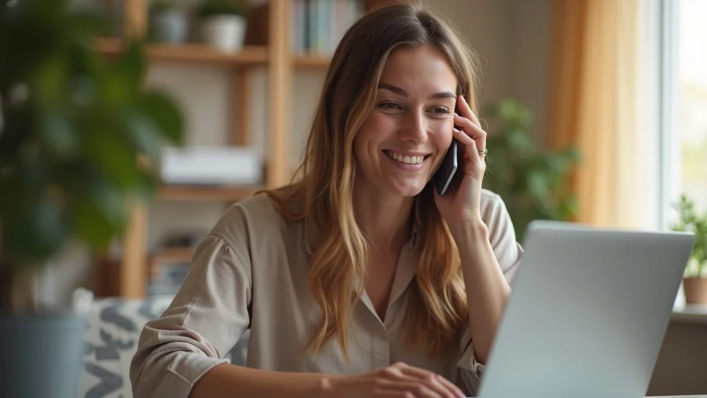 Happy customer scheduling appointment seamlessly using AI Voice Response Systems for Contractors in a home office.