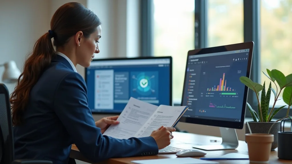 Cleaning business owner analyzing AI voice response systems on dual screens